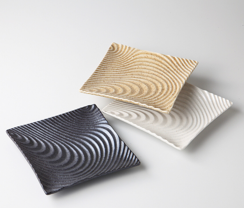 Luxury Porcelain Square Plate – Dark Silver, White &amp; Beige, Set of 3 (Mino Ware)